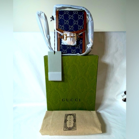 Gucci GG Logo HORSEBIT 1955 BLUE DENIM AND LEATHER TRIM MINI CROSSBODY BAG NEW! - Picture 3 of 8